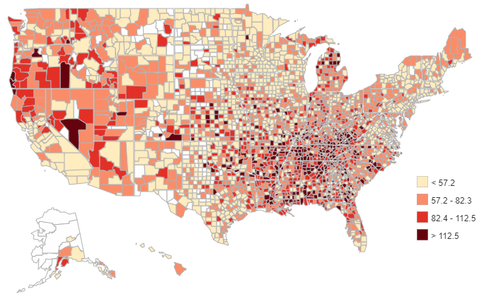 County map of the United States showing retail opioid prescriptions dispensed per 100 persons in 2017, with the highest rates concentrated in parts of the Southeast and Appalachia.
